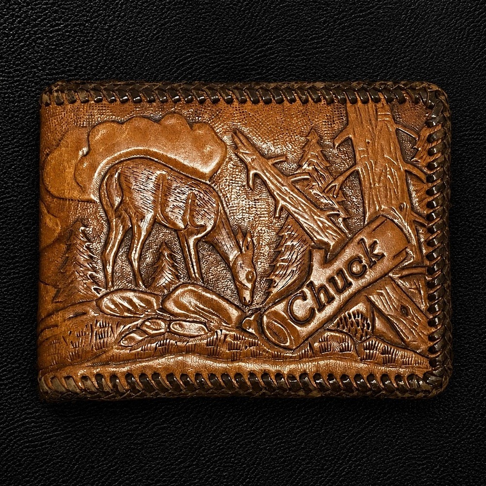 Vintage Handmade Tooled Leather Bifold Wallet Chuck Western Deer Buck Forest